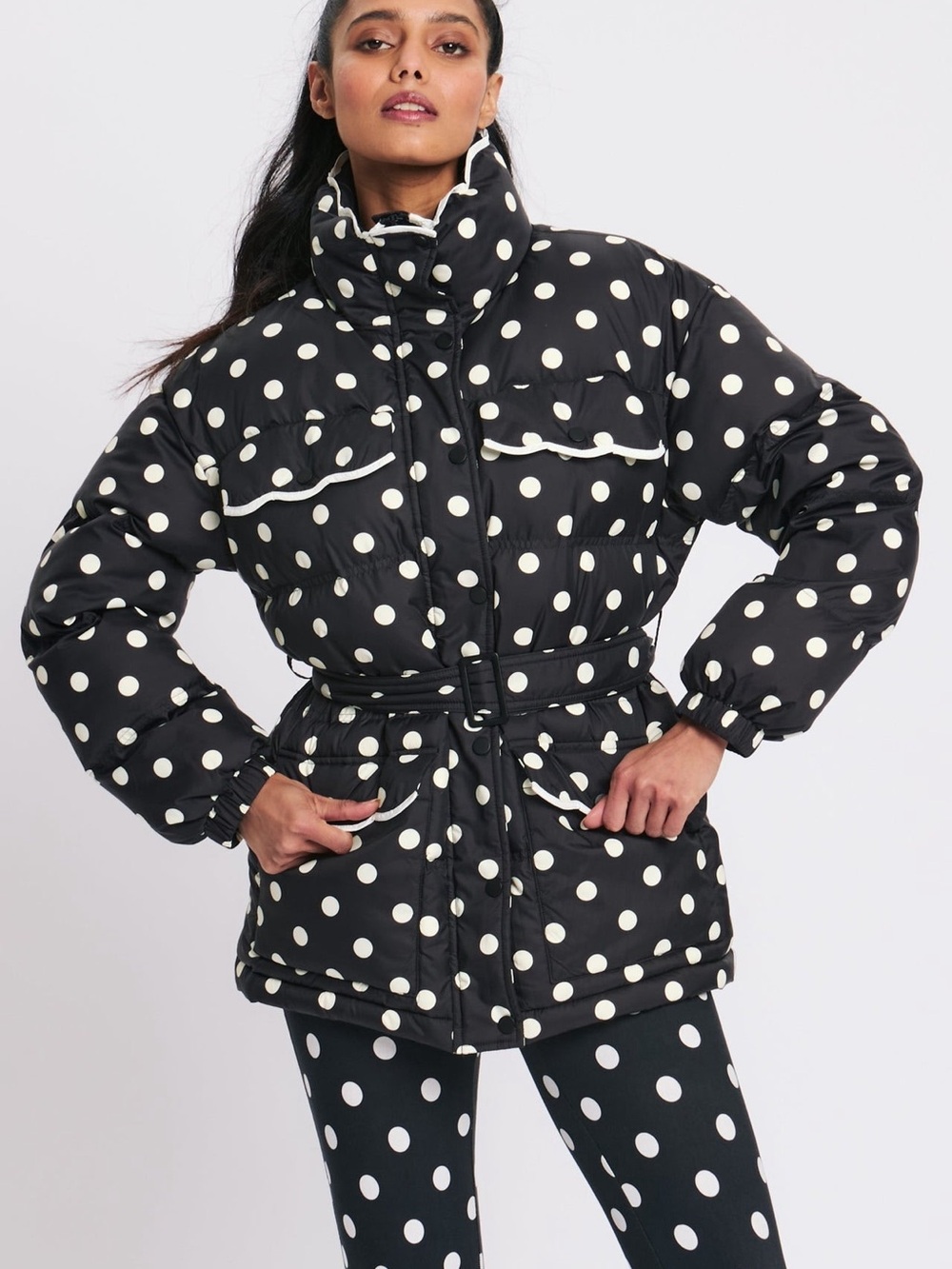 Rachel Antonoff Black Polka Dot Quilted Belted Puffer Jacket